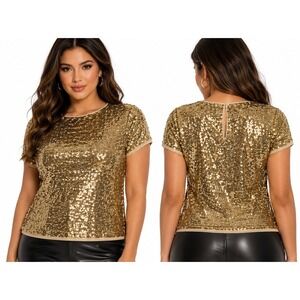 Maison Jules‎ Gold Sequin Blouse S Crew Neck Short Sleeve Party Holiday Glam Top